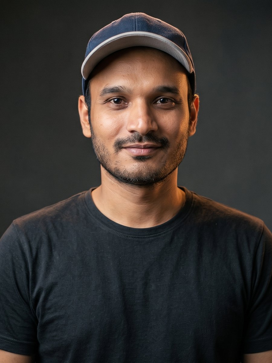 Portrait of Zaheer Bijapure in a navy cap and black T-shirt against a dark background