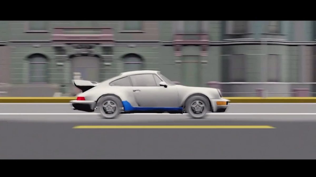 Still from the previz reel: a grey-shaded car on a city street