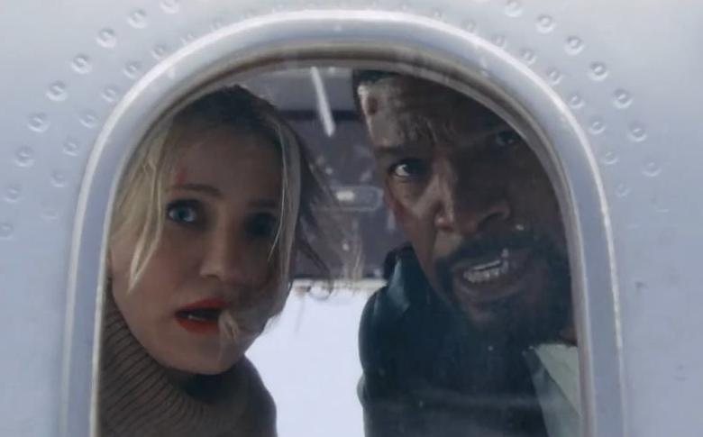 Still from the production layout showreel: two actors looking through an aircraft window